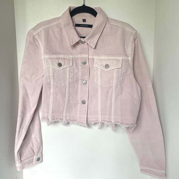 J Brand Trucker Oversized Crop Jacket Womens Medium Pink Cyra Denim Raw Hem - Picture 1 of 8